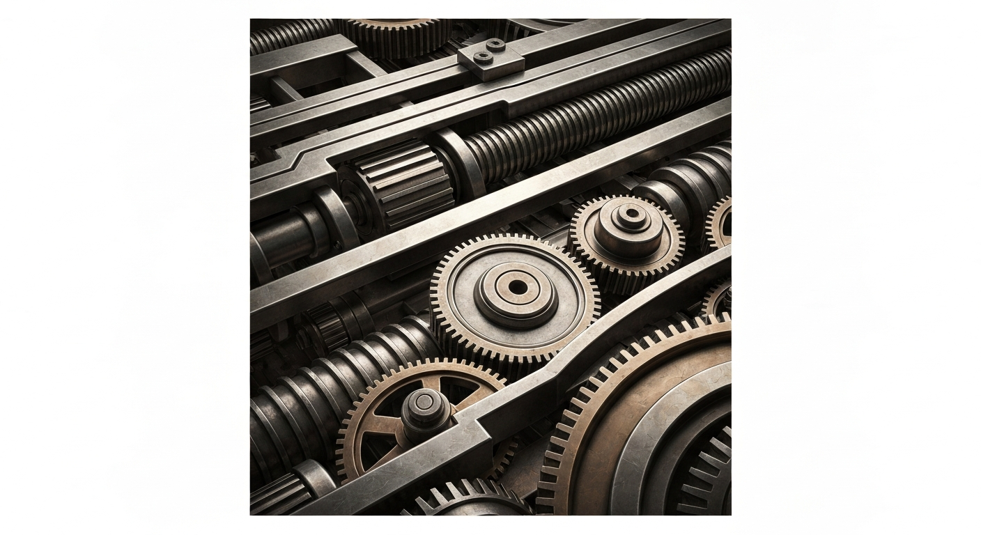 A cinematic close-up of the intricate, heavy machinery and gears of an industrial corporation, conveying the complex financial infrastructure and mechanics underlying the business.