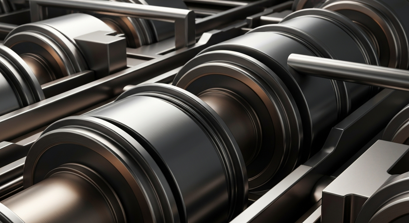 An extreme close-up of gears, levers, and other heavy industrial banking mechanisms rendered in a cinematic, high-contrast style, conveying the secure, institutional power of the financial sector.