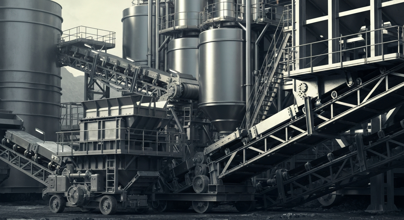 A highly detailed, cinematic close-up image of heavy industrial gold mining equipment and machinery, including crushers, conveyor belts, and processing tanks, all rendered in a muted, industrial color palette that conveys the scale and complexity of the mining operations.