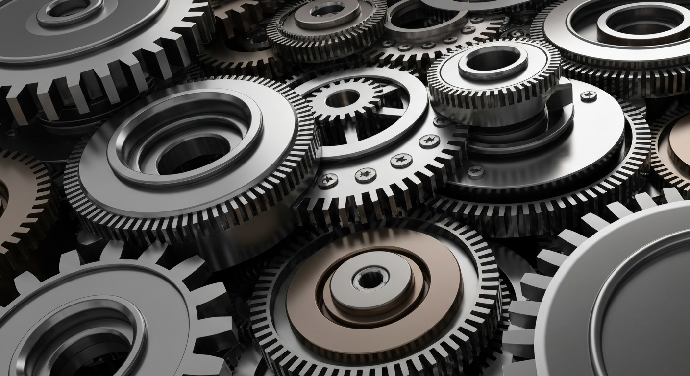 An extreme close-up of complex, interlocking metal gears and machinery in shades of steel grey, bronze, and silver, conceptually representing the institutional investment and financial infrastructure powering the biotech industry.