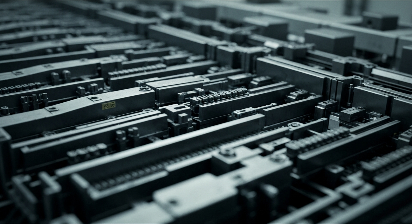 An extreme close-up of the intricate, metallic components and mechanisms of a semiconductor fabrication plant, captured in high-contrast black and white to convey the industrial, technical nature of Qualcomm's business.