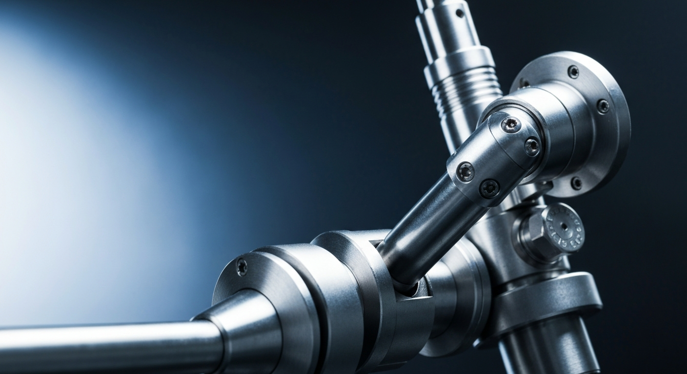 An extreme close-up of intricate, highly engineered medical device components rendered in a cinematic, industrial style, conveying the technical sophistication and manufacturing prowess of the Boston Scientific brand.