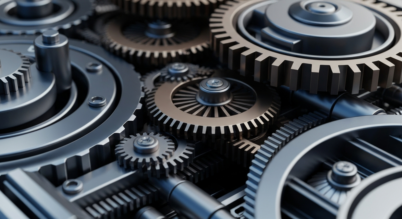 An extreme close-up of intricately designed metal gears and machinery, capturing the industrial might and technological sophistication of the semiconductor manufacturing supply chain.