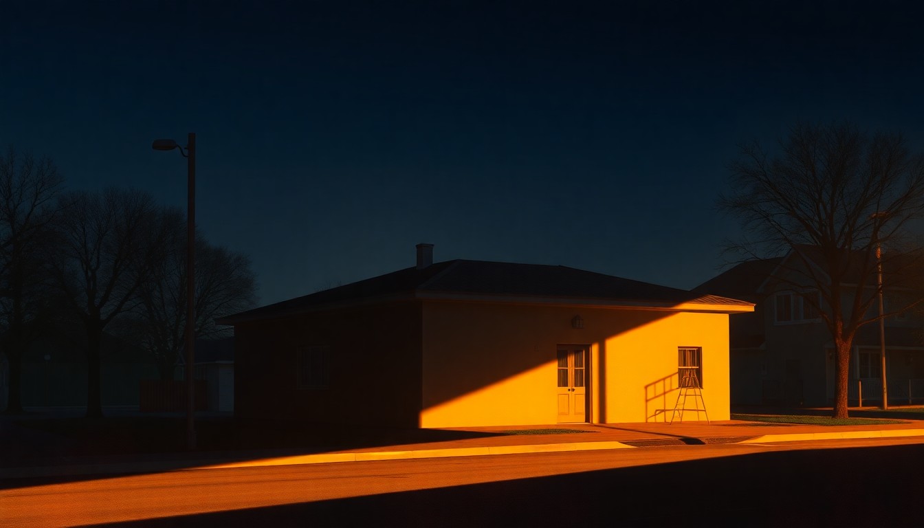 A serene, photorealistic painting of a government building or civic structure in warm, golden light, conveying a sense of quiet contemplation around the political issues at hand.