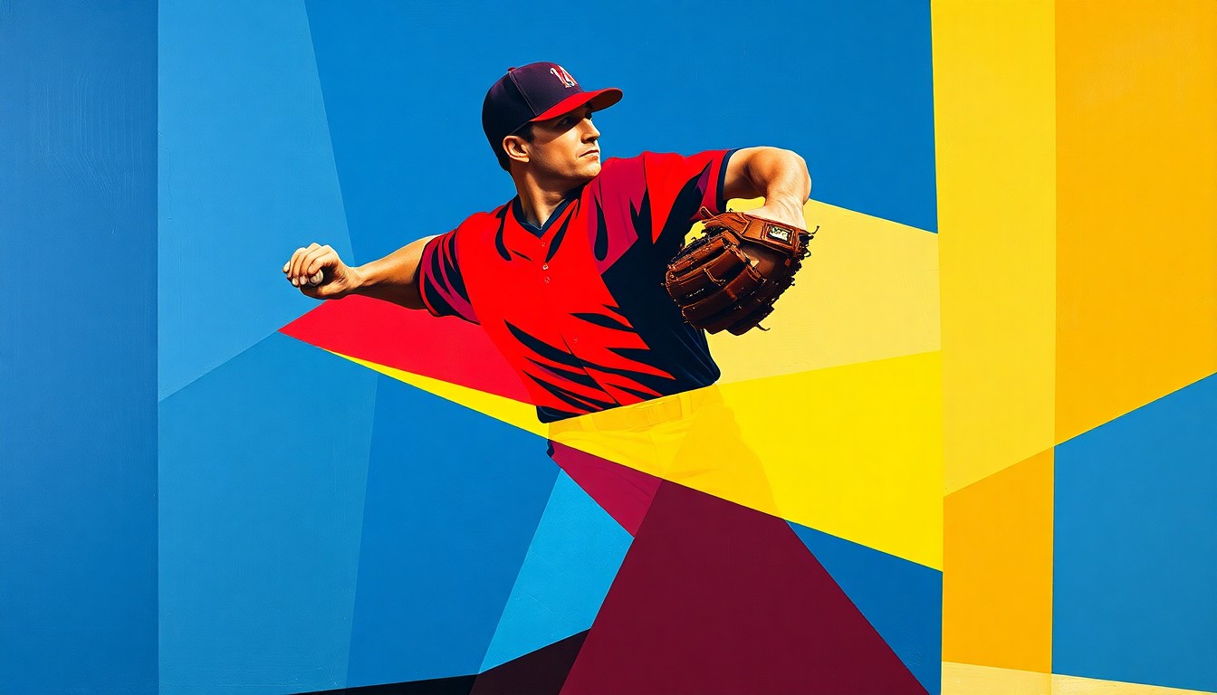 A fractured, multi-perspective painting depicting a baseball pitcher's delivery broken down into sharp, overlapping geometric planes of navy blue, crimson red, and golden yellow, conceptually representing the abstract power and precision of José Soriano's historic pitching performance.