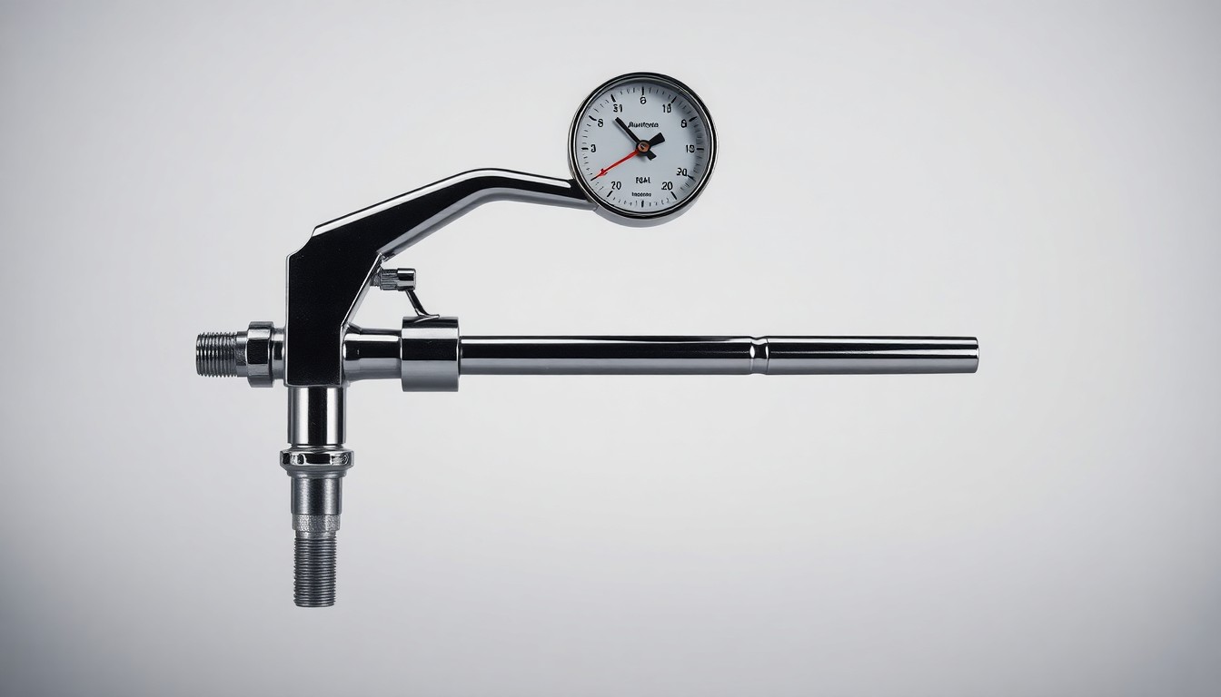 A close-up photograph of a shiny, chrome anhydrous ammonia toolbar nozzle and gauge against a plain grey background, conveying the precision and control a farmer can achieve in fertilizer application.