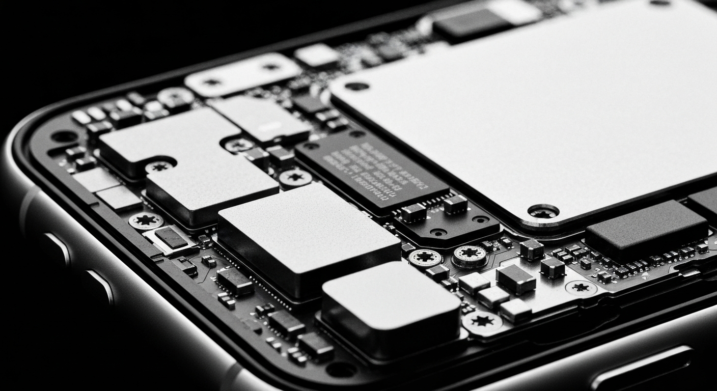 A high-contrast black and white close-up image of the internal components and circuitry of an Apple iPhone, conveying the complex industrial design and engineering that powers the company's iconic mobile devices.