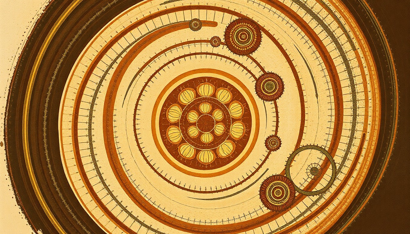 A bold, abstract painting in earthy tones depicting a complex, interconnected network of geometric shapes and organic spirals, representing the intricate microbial ecosystem of a no-till soil sample.