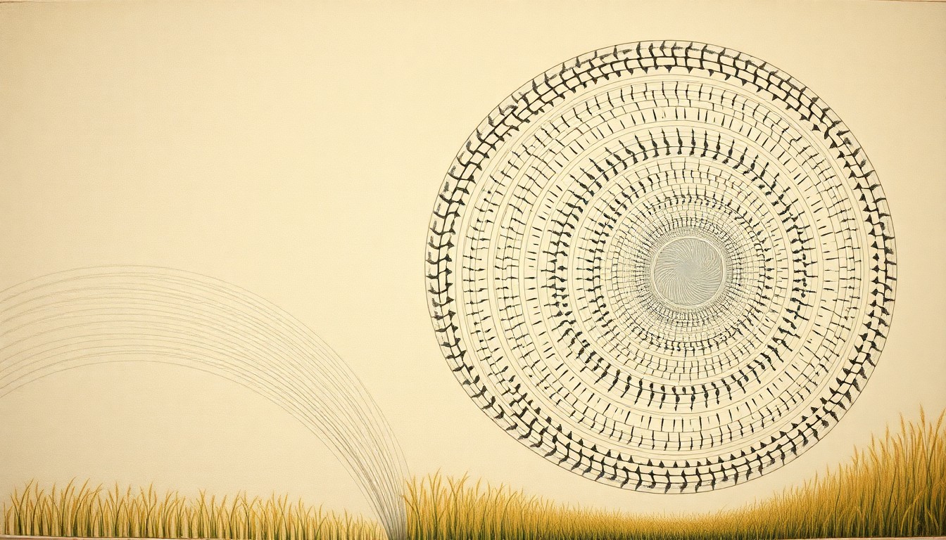 A highly textured, abstract painting in soft greens, browns, and blues, featuring sweeping geometric shapes, concentric circles, and precise botanical spirals, conceptually representing the complex interplay of cover crops, nitrogen, and soil health on a no-till farm.