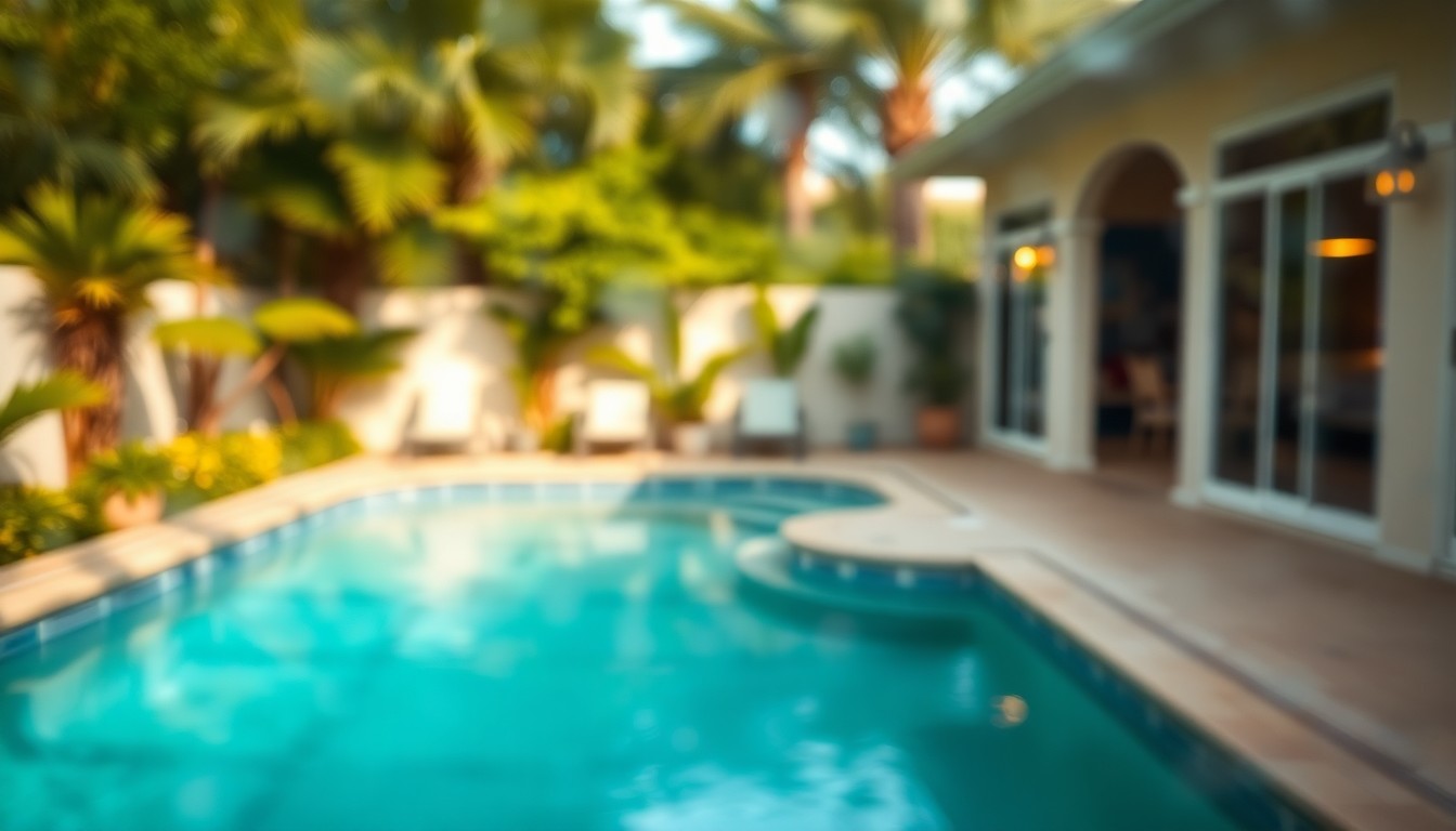 An extremely blurred, atmospheric photograph showing the soft, warm glow of sunlight filtering through trees and reflecting off the surface of a swimming pool, conveying a sense of tranquility and luxury.