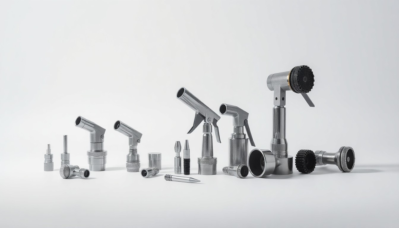 A high-end, photorealistic studio still-life photograph featuring a collection of polished metal nozzles, sprayers, and other precision agricultural equipment arranged elegantly on a clean, monochromatic background, conceptually representing the tensions between modern farming practices and environmental regulations.