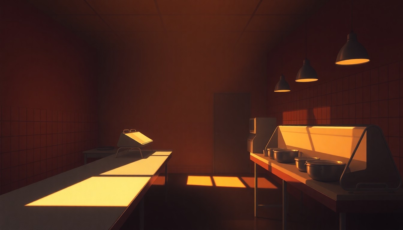 A serene painting depicting the interior of a soup kitchen, with a long serving line bathed in warm, golden light and deep shadows, conveying a sense of quiet dignity and community resilience.