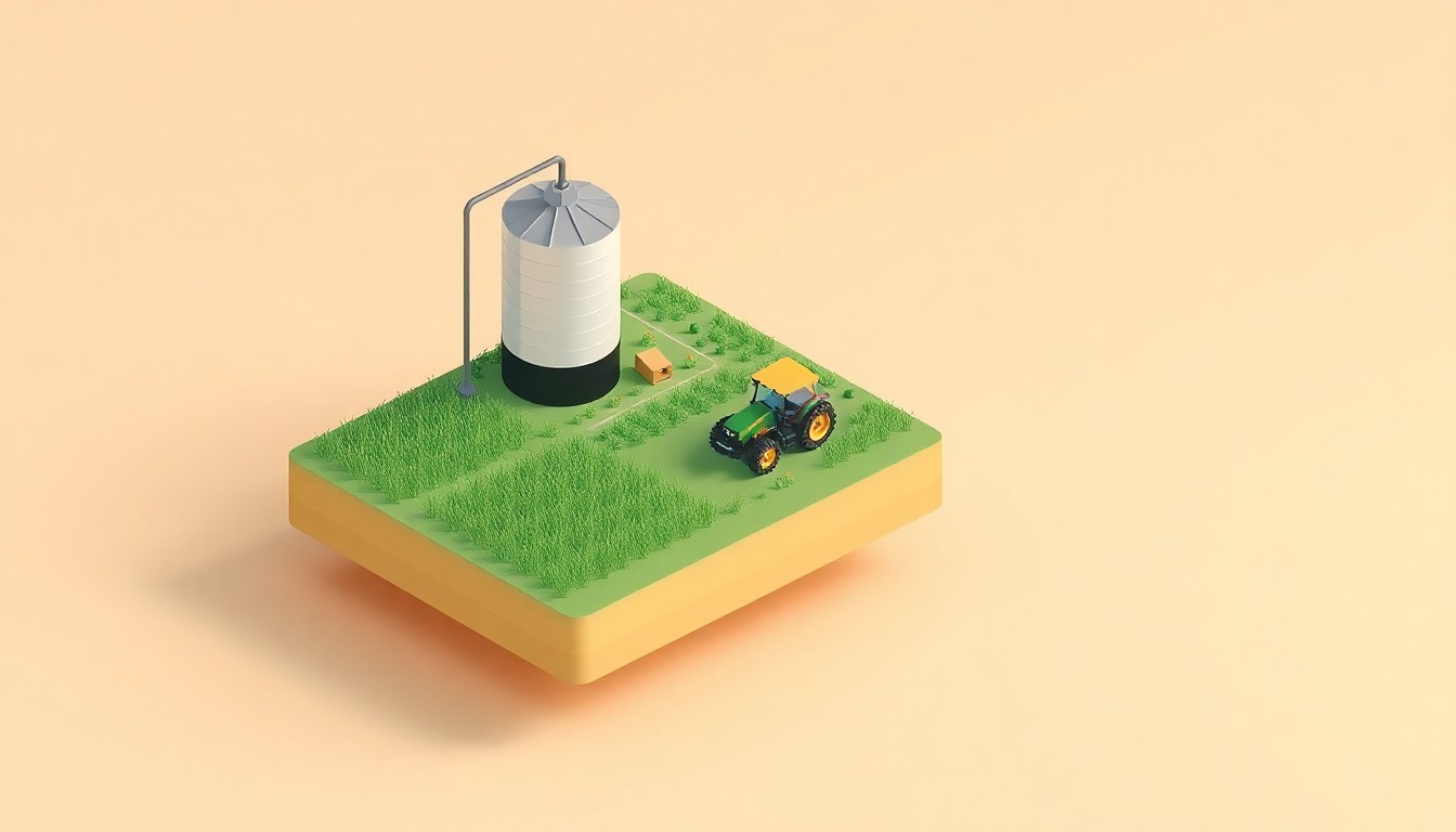 A minimalist, isometric 3D illustration showing a stylized farm scene with a grain silo, tractor, and fields, representing the intersection of technology and sustainable agriculture.