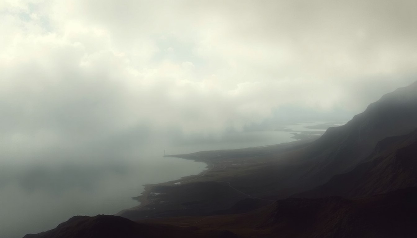 A sweeping, atmospheric landscape painting in muted tones of gray, blue, and green, depicting a low-lying coastal area partially obscured by heavy fog, with only the faint outlines of buildings and infrastructure visible, conveying a sense of the overwhelming scale and power of the natural environment.