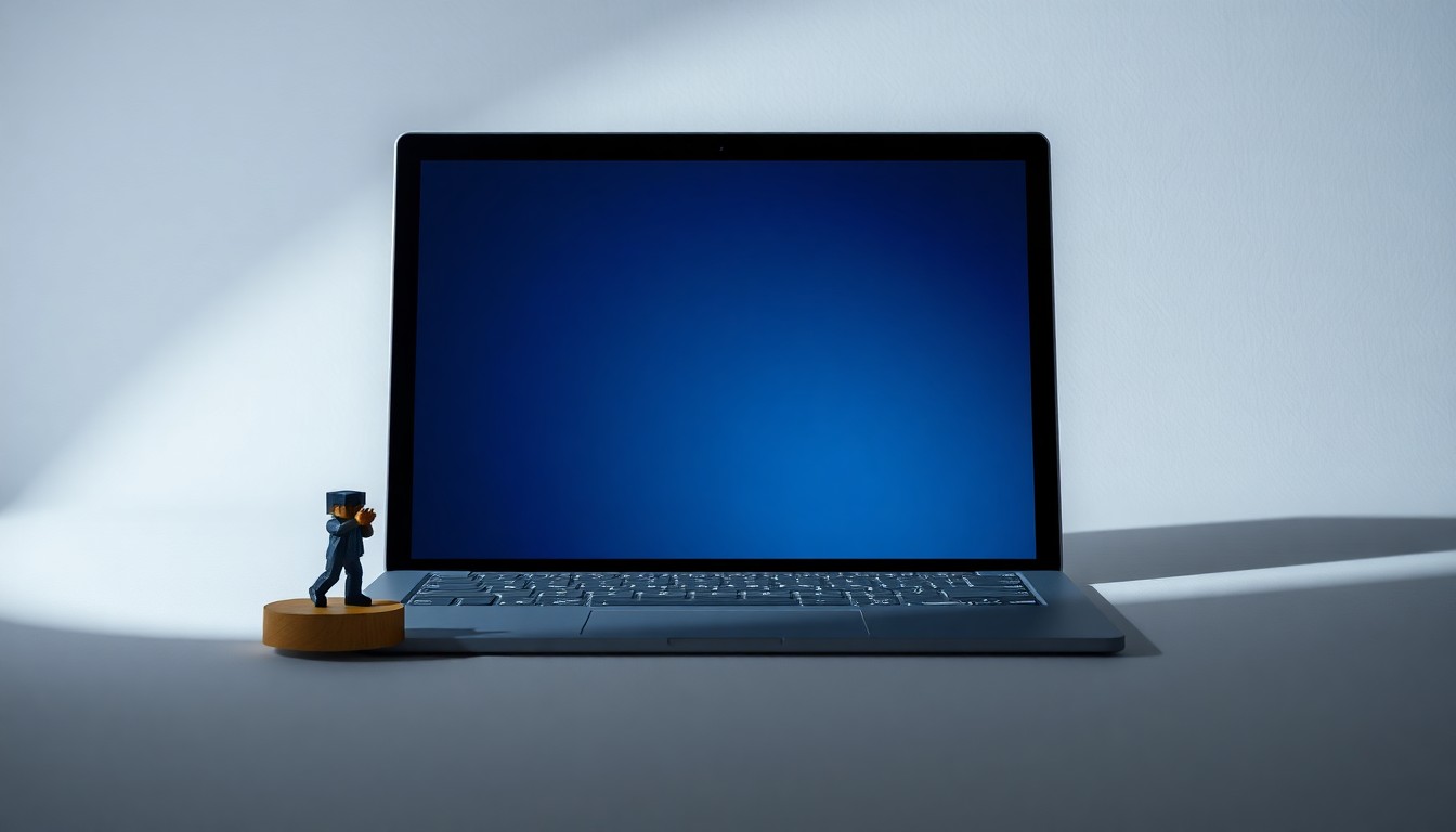 A photorealistic studio still life featuring a polished Microsoft Surface Pro tablet and a small Minecraft figurine arranged elegantly on a clean, monochromatic background, representing the abstract concepts of technology, gaming, and career achievement.
