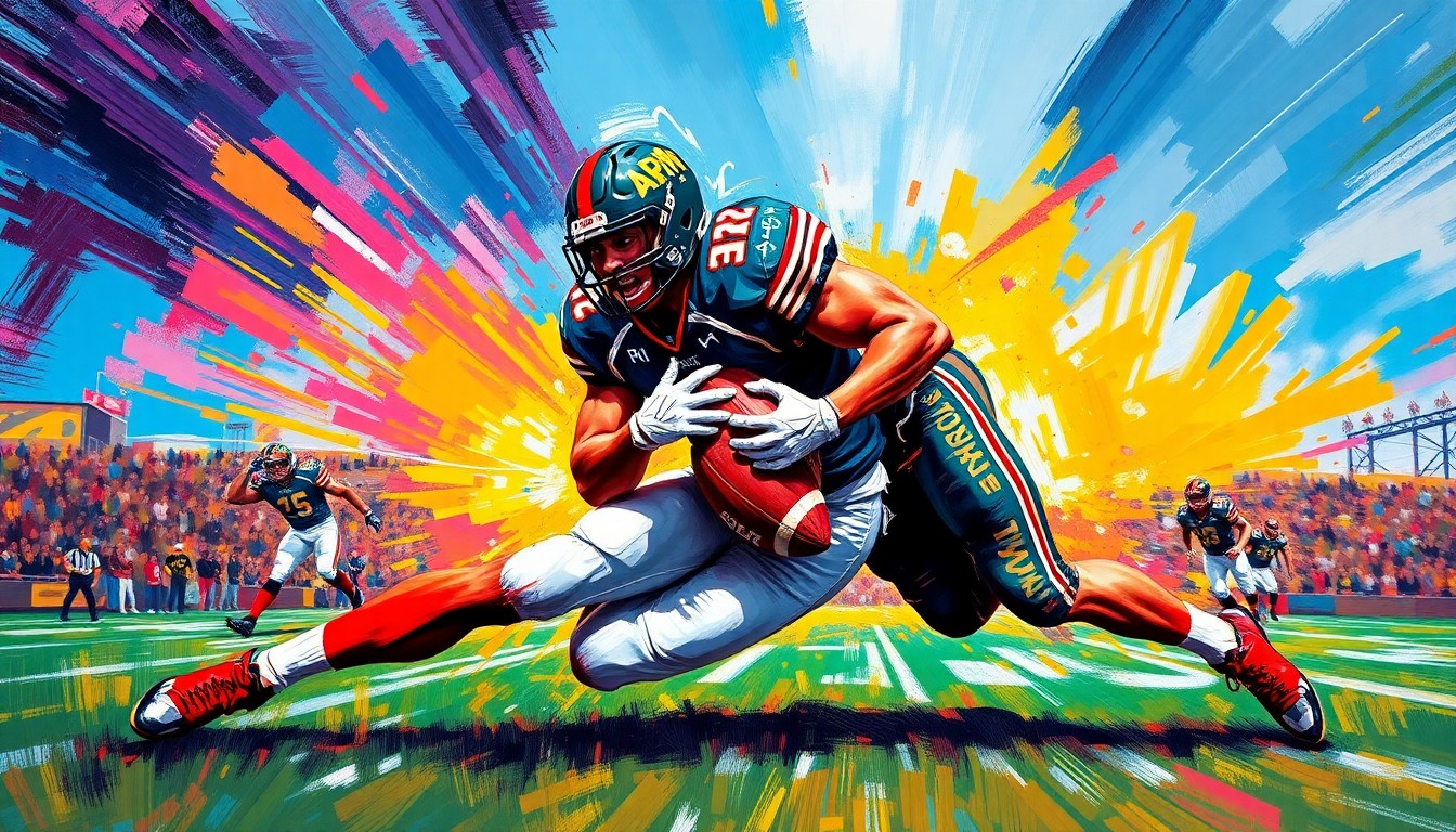 A dynamic, abstract painting in neon colors depicting the intense action and movement of an Army football player making a tackle, capturing the raw athleticism and competitive spirit of the sport.