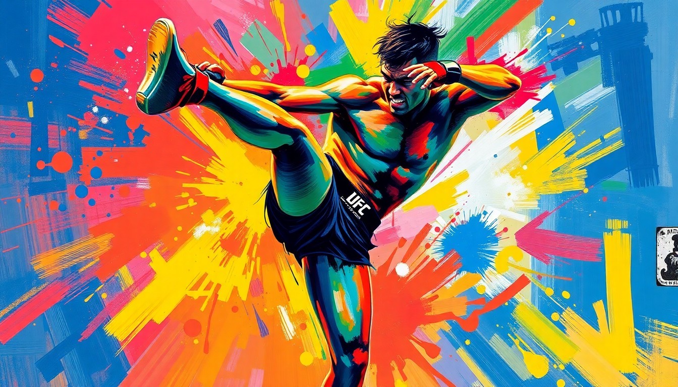 An abstract painting in bold, neon colors depicting the dynamic motion of a UFC fighter, their face and identity obscured in a blur of expressive brushstrokes, conveying the raw power and energy of the sport.