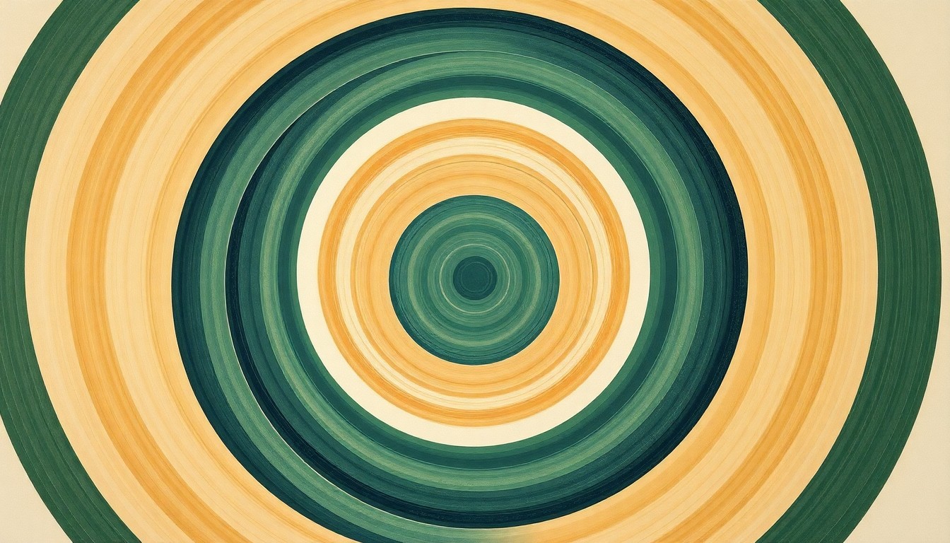 A highly textured, abstract painting in earthy green, ochre, and indigo hues, featuring sweeping geometric arcs, concentric circles, and precise botanical spirals, conveying the intricate natural processes of a cereal rye cover crop reducing nitrates and capturing carbon.