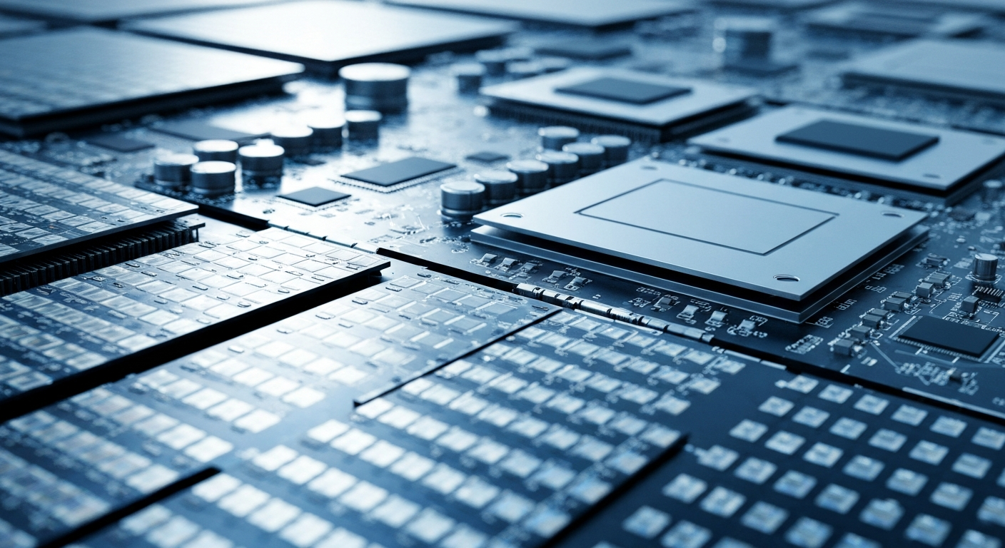 A cinematic close-up of highly detailed, silver and blue semiconductor wafers and circuit boards, representing the complex financial and technological innovations driving Micron's growth.