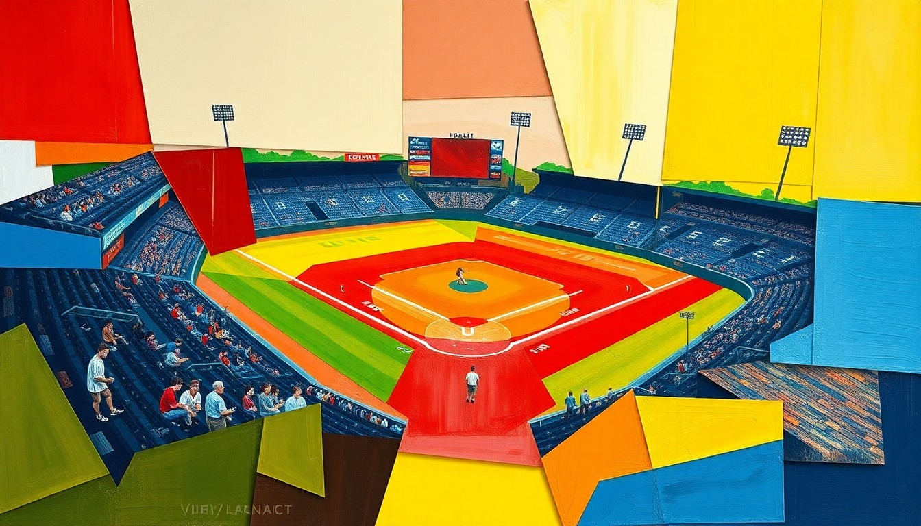 A cubist, geometric painting depicting a high school baseball game, with sharp, overlapping planes of bright colors representing the dynamic action on the field.