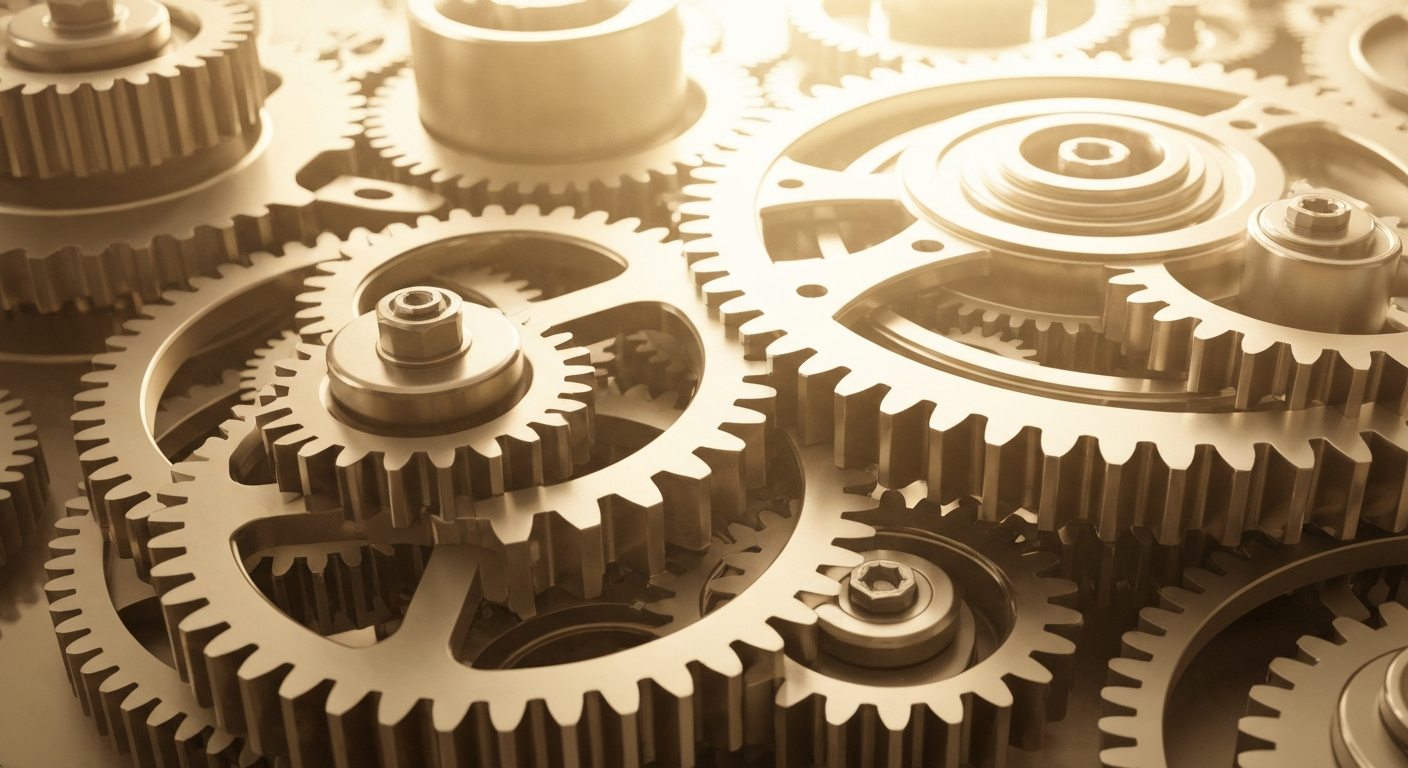 An extreme close-up of intricately designed metal gears and machinery, conceptually representing the complex financial and technological infrastructure of the aerospace industry.