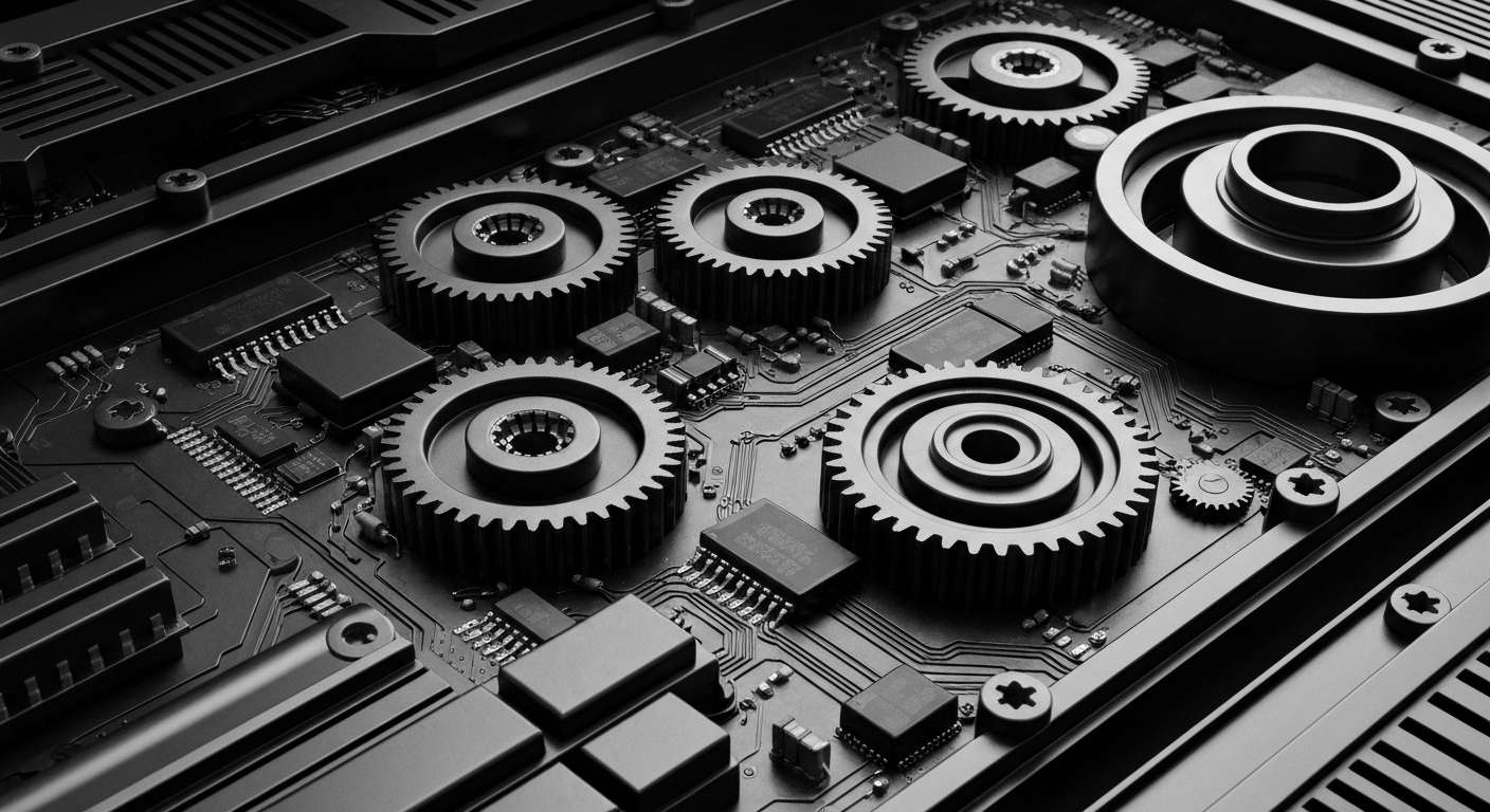 A high-contrast black and white close-up image of the complex inner workings of a computer processor, with gears, circuits, and other industrial components filling the frame in a visually striking and conceptual manner.