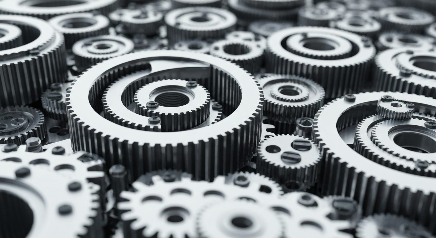 An extreme close-up of heavy, industrial machinery and mechanical components, conveying the complex, high-stakes nature of the global technology supply chain.