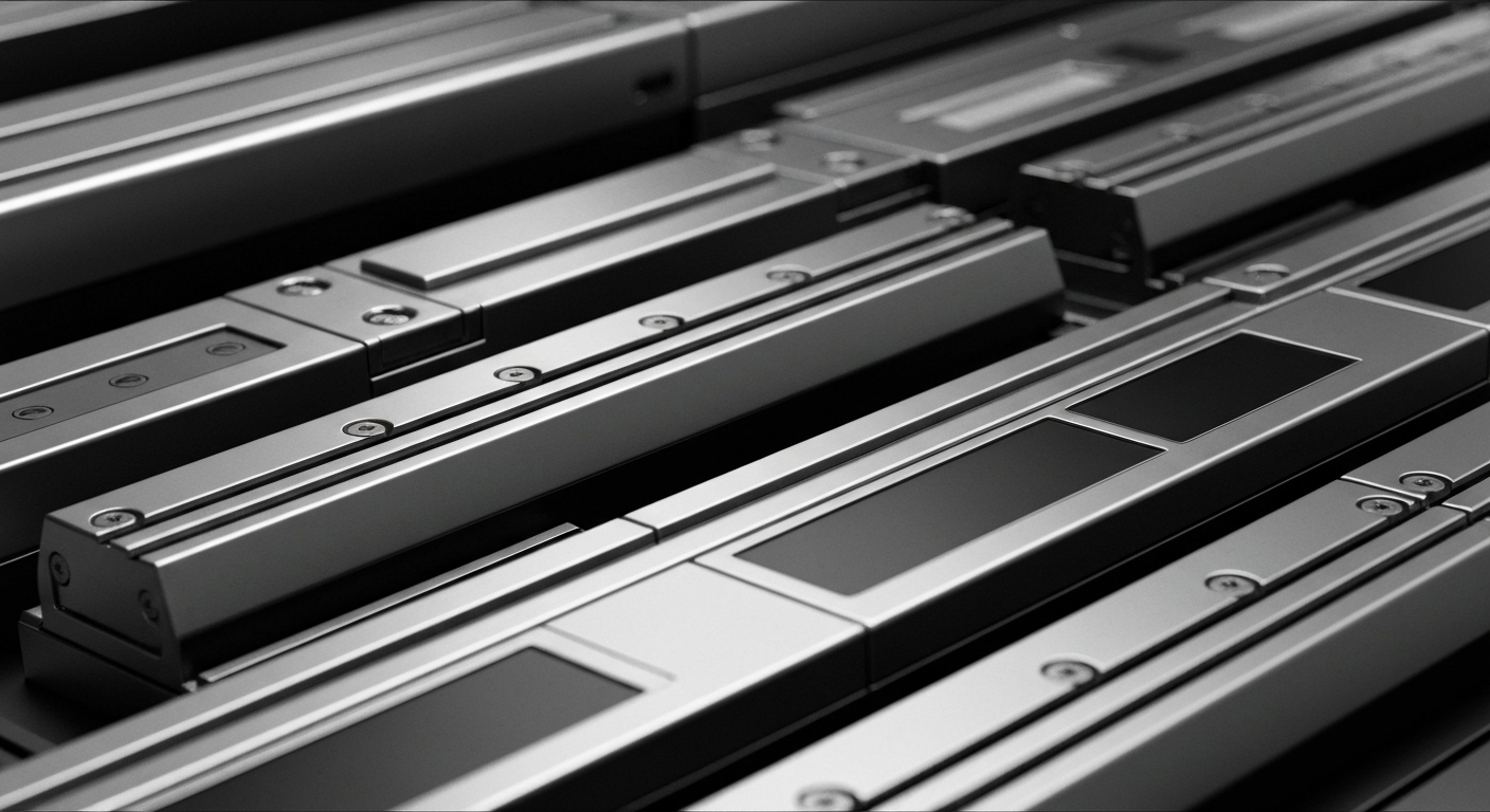 An extreme close-up of gleaming, industrial banking equipment and machinery, conveying the secure, institutional nature of Brookfield's financial operations.