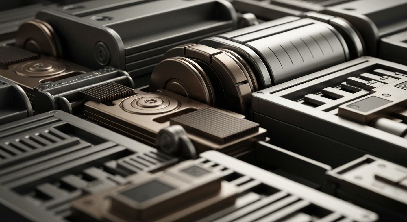 An extreme close-up of complex, interlocking metal components and mechanisms, representing the heavy machinery and infrastructure underlying the financial markets and investment decisions.