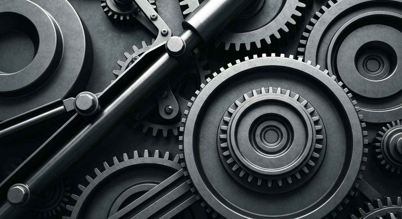 An extreme close-up of various metal components and machinery parts, conveying the complex and industrial nature of modern financial technology infrastructure.