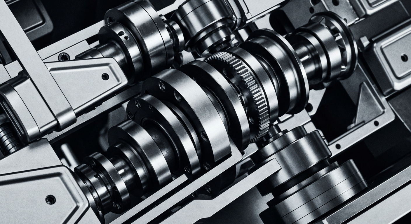 An extreme close-up of the intricate mechanical components and gears of a medical robotic system, rendered in a high-contrast, industrial style that conveys a sense of power, precision, and technological innovation.