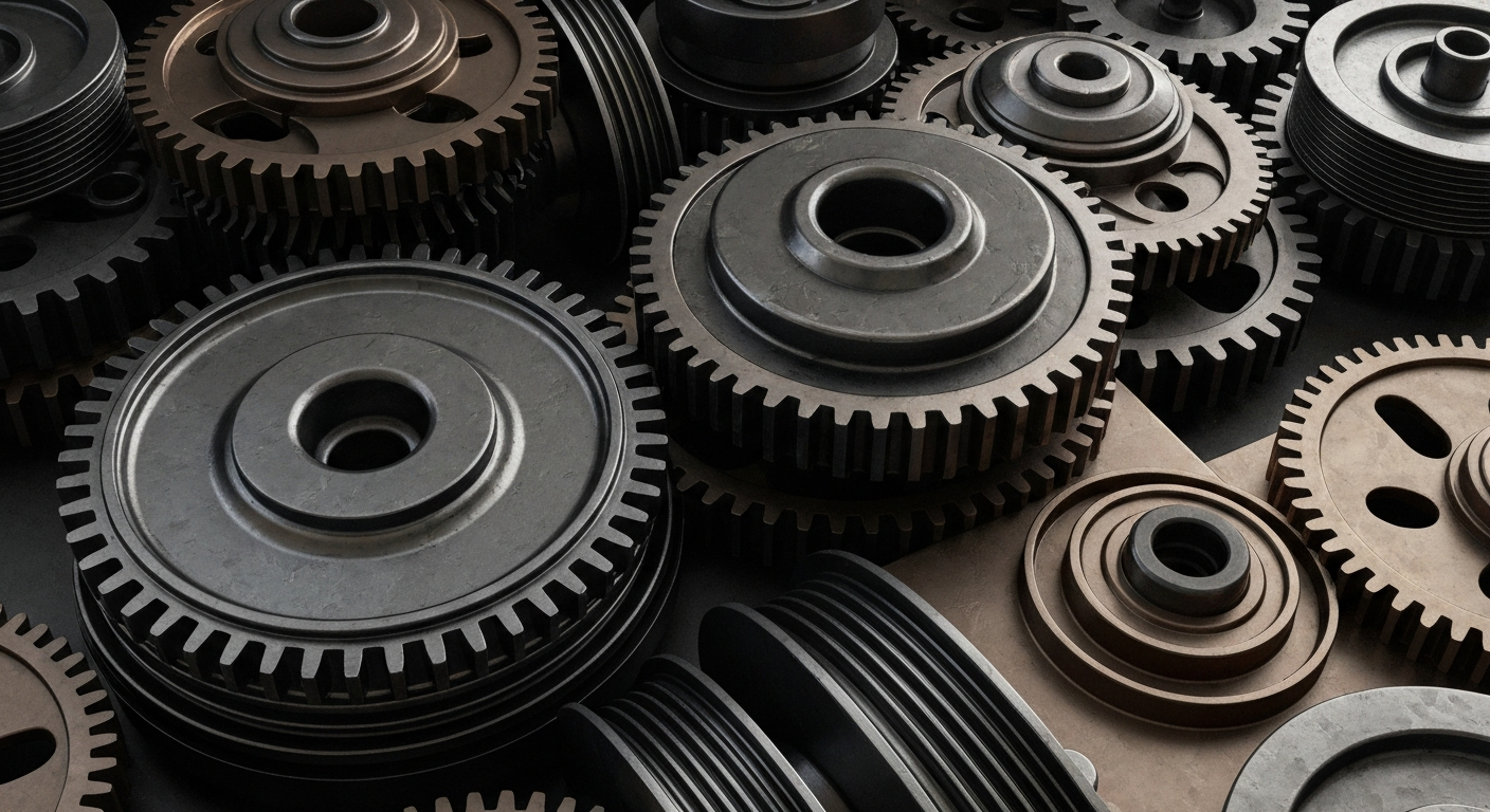 An extreme close-up of industrial machinery components in shades of gray, bronze, and black, conveying the complex financial infrastructure supporting data analytics companies.