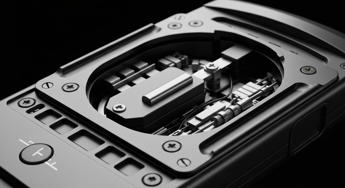 A high-contrast, close-up image of the internal components and mechanics of a continuous glucose monitoring device, rendered in a stark, industrial black-and-white style that evokes the photographic style of Margaret Bourke-White, serving as a conceptual metaphor for the financial and technological forces shaping the medical device industry.