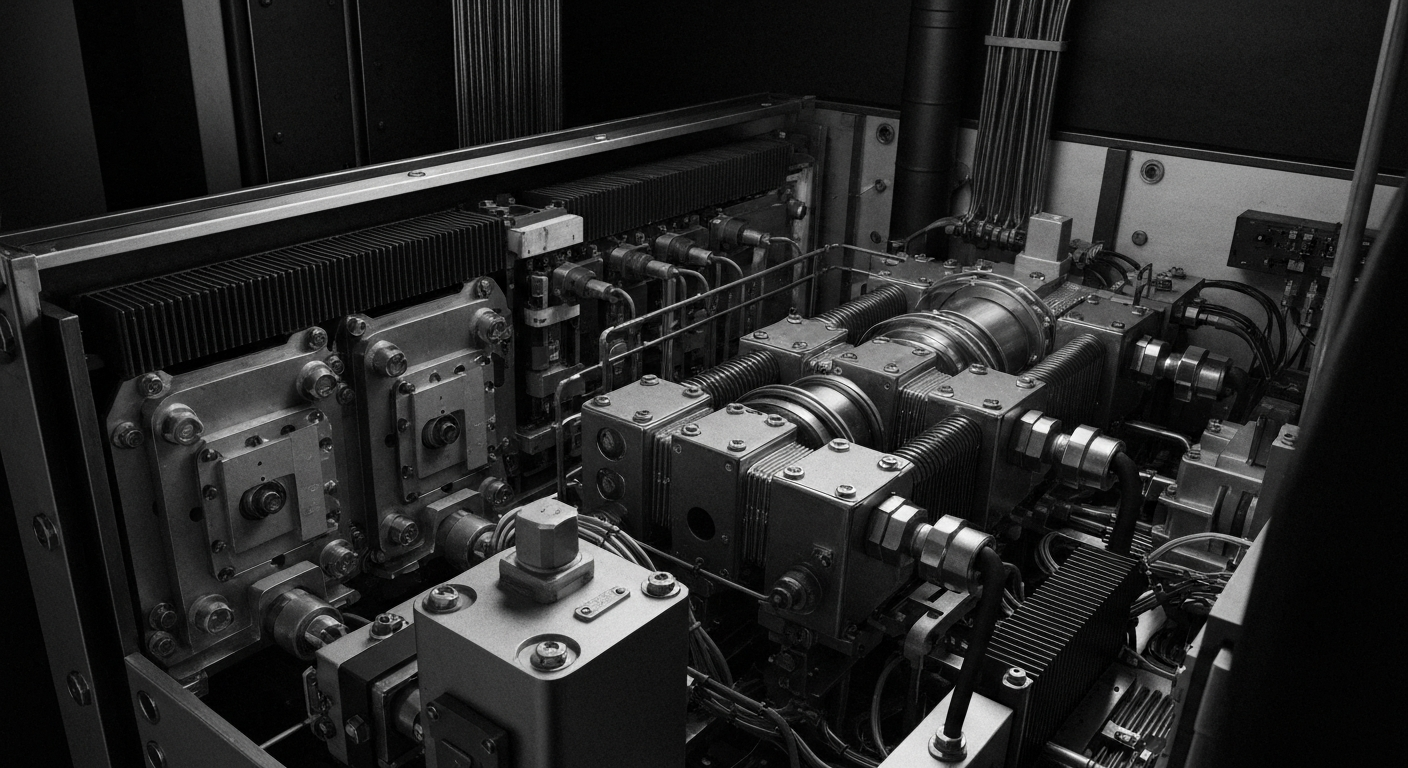 A high-contrast, cinematic close-up of the complex machinery and components inside a Bloom Energy fuel cell system, conveying the robust, industrial nature of the company's clean energy technology.