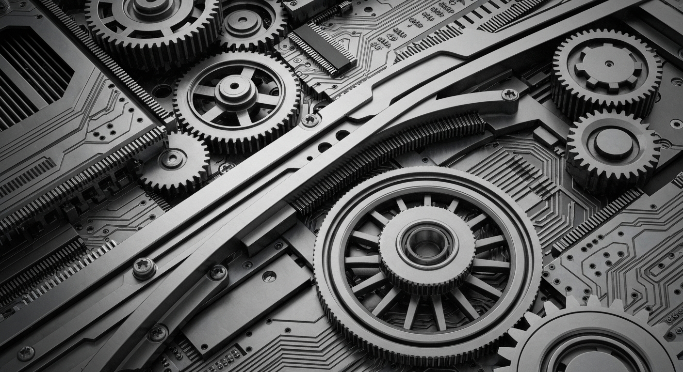 An extreme close-up of intricate, heavily textured industrial machinery in shades of grey, representing the financial power and institutional backing behind semiconductor manufacturer Advanced Micro Devices.