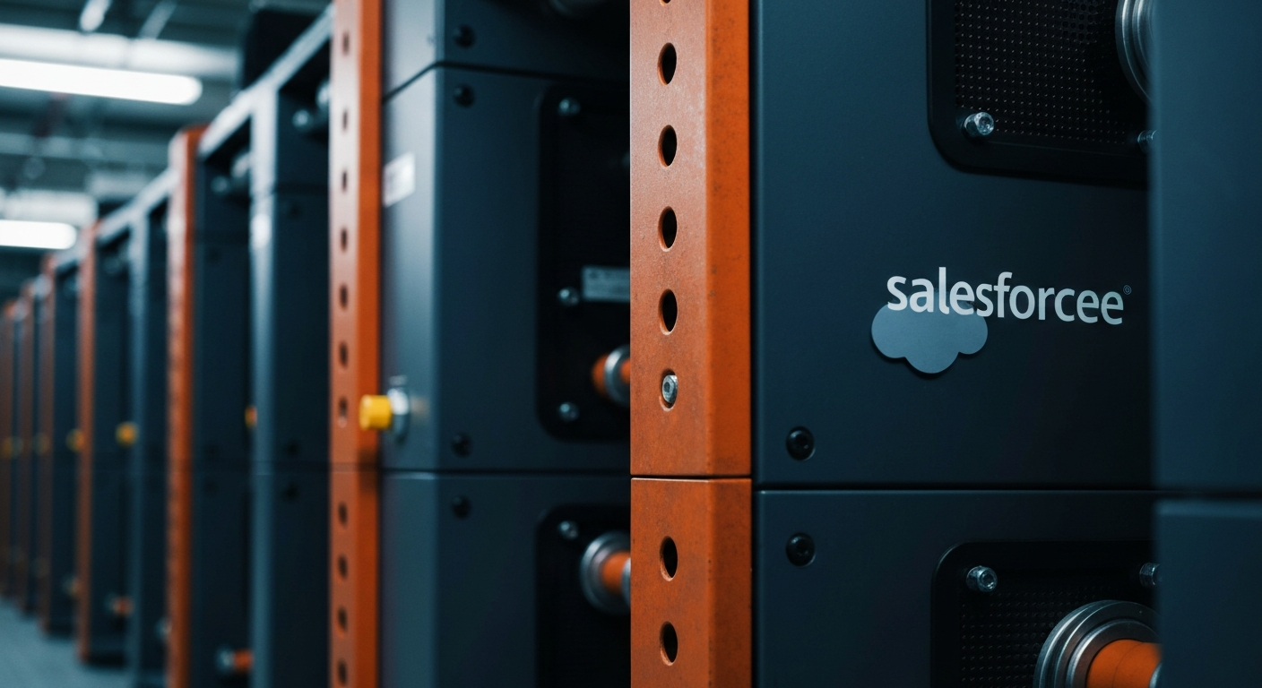 An extreme close-up of various metal gears, levers, and other heavy industrial machinery, representing the complex financial infrastructure and institutional investment flows behind Salesforce's business.