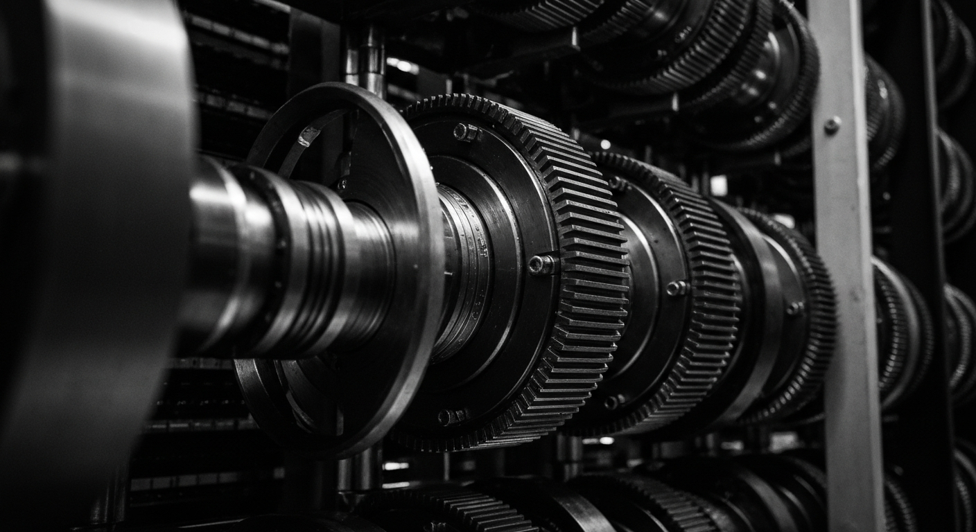 A high-contrast, cinematic close-up of the gears, components, and machinery that make up an industrial data storage system, conveying the heavy, physical nature of the technology that underpins modern digital infrastructure.