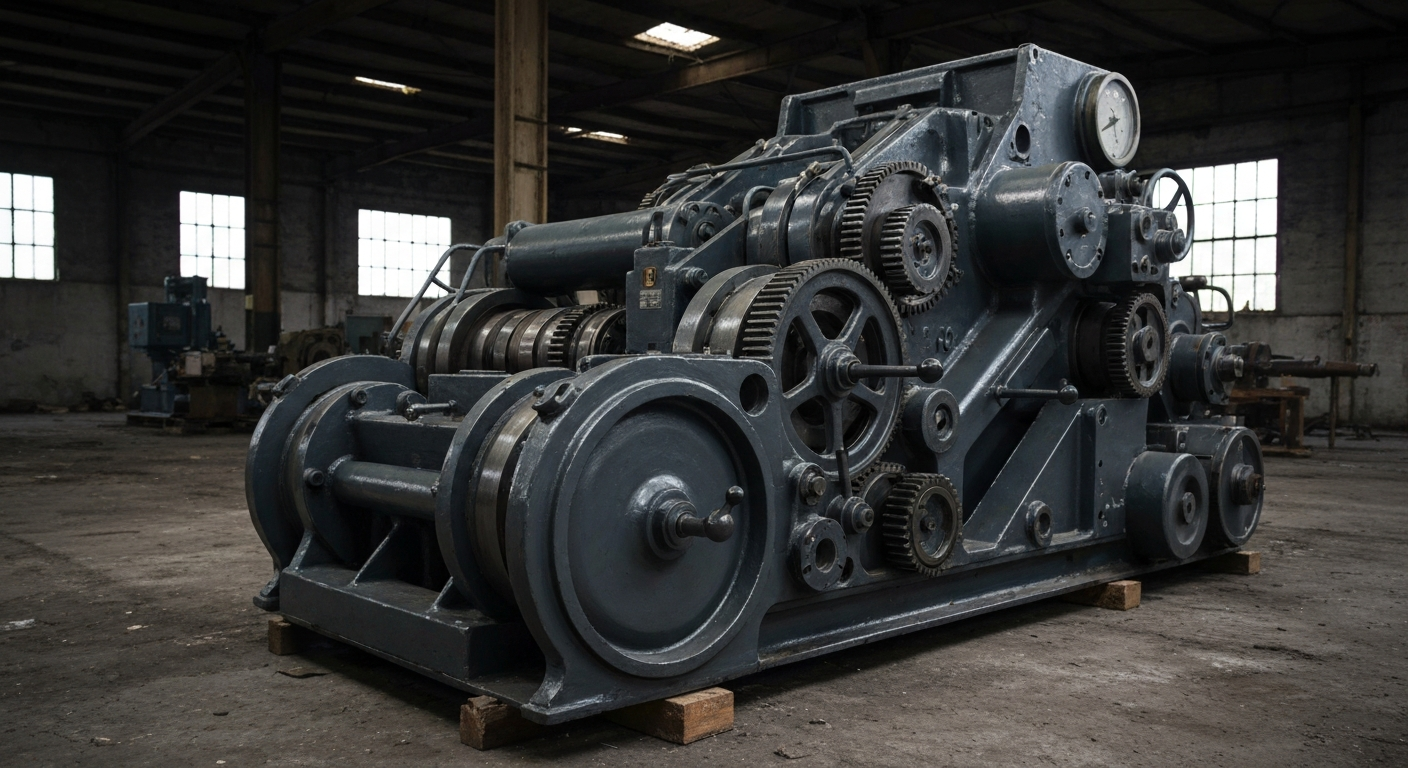 A highly detailed, macro-level view of gears, levers, and other industrial components that make up the physical infrastructure of the banking and finance sector, conveying a sense of the scale and complexity underlying global financial systems.