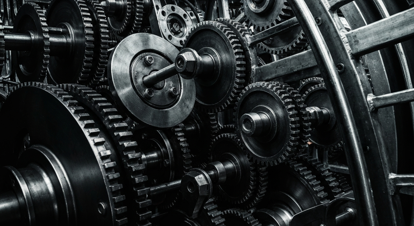A highly detailed, black-and-white macro photograph of the inner workings of a complex financial trading system, conveying a sense of industrial might and institutional control.