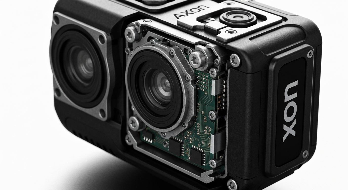 An extreme close-up of the internal components and circuitry of an Axon body camera, rendered in a high-contrast, industrial style that conveys the robust, technical nature of the company's public safety technology.
