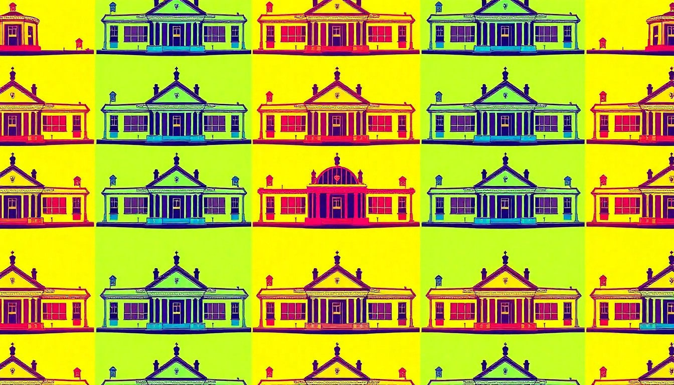 A bold, colorful silkscreen-style illustration featuring the distinctive angular architecture of the V&A Dundee museum, repeated in a grid pattern and rendered in a vibrant, high-contrast palette that captures the energy of Dundee's cultural transformation.