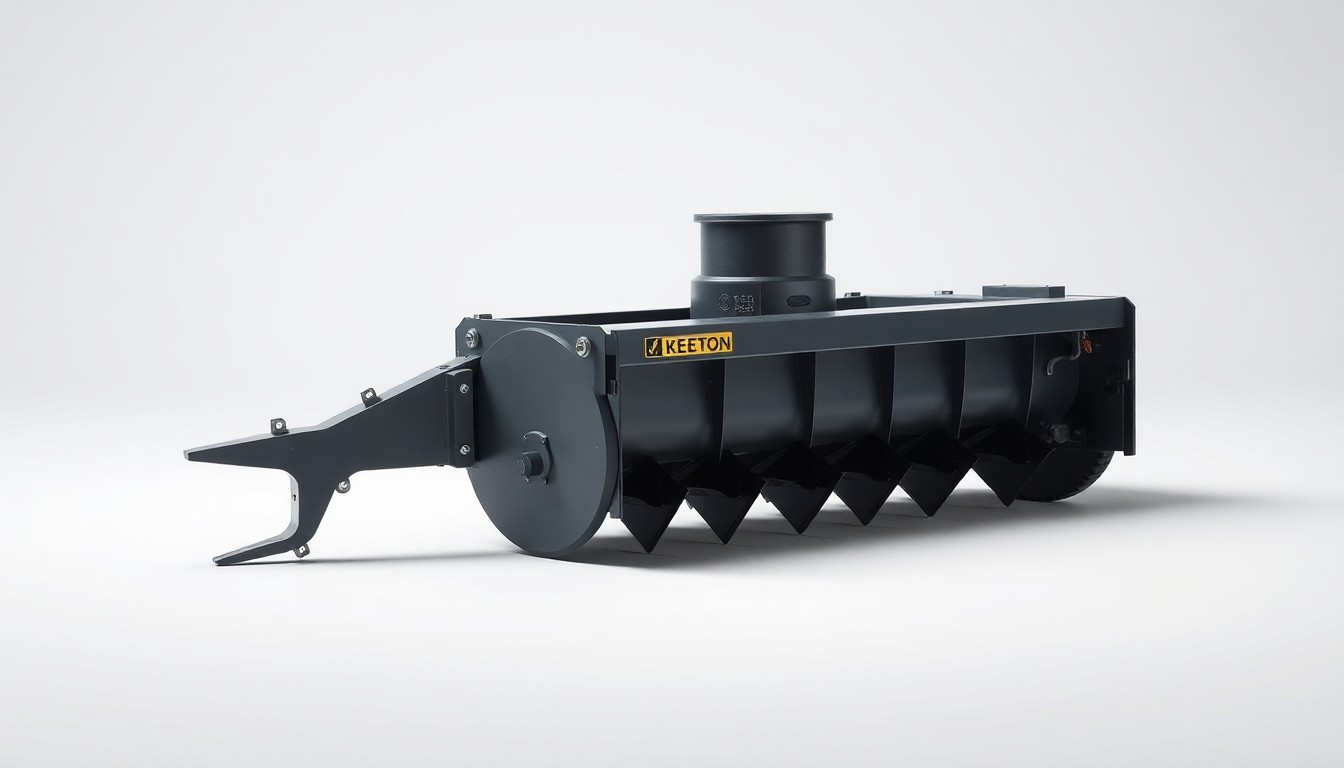 A close-up photograph of a metal Keeton seeding attachment with a partially trimmed plastic tail, resting on a clean white background and illuminated by dramatic studio lighting to symbolize the abstract concepts of equipment optimization and precision farming.