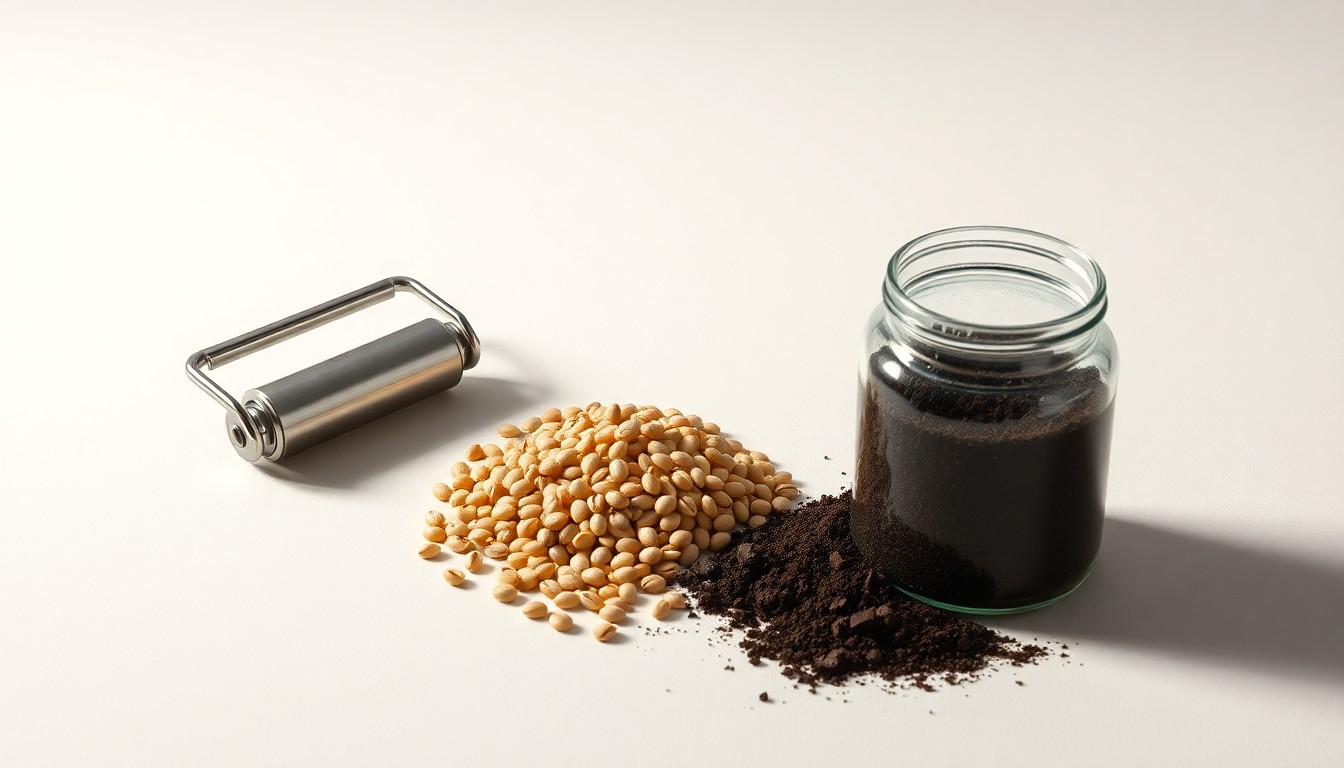 A high-end, photorealistic studio still-life photograph featuring a polished metal roller-crimper tool, a handful of soybean seeds, and a small glass jar filled with rich, dark soil, arranged elegantly on a clean, monochromatic background to symbolize the intersection of advanced farming technology and sustainable land stewardship.