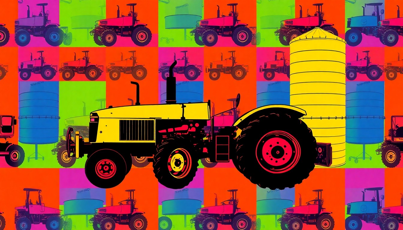 A bold, colorful grid of stylized farm machinery rendered in a high-contrast pop art style, conceptually representing the innovative spirit of the region's no-till farmers.