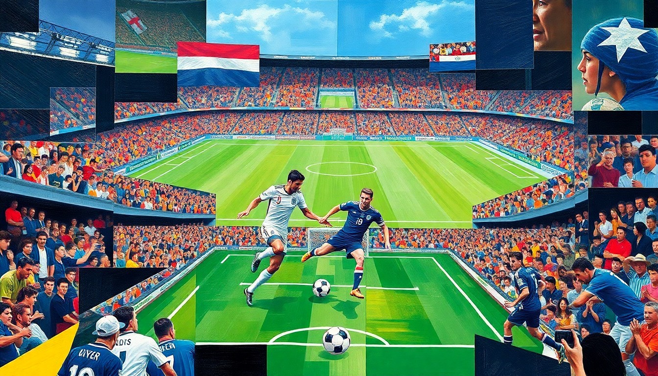 A fragmented, geometric painting depicting a soccer match between the national teams of England and Costa Rica, with the players and stadium environment broken down into sharp, overlapping planes of vibrant color.