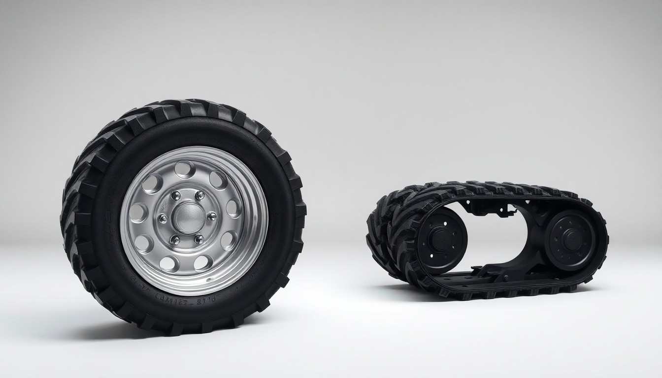 A high-end, photorealistic studio still-life photograph featuring a polished metal tractor tire tread and a smooth, matte-black tractor track component elegantly arranged on a clean, monochromatic background, symbolizing the tension between traditional wheels and modern track systems in protecting soil health.