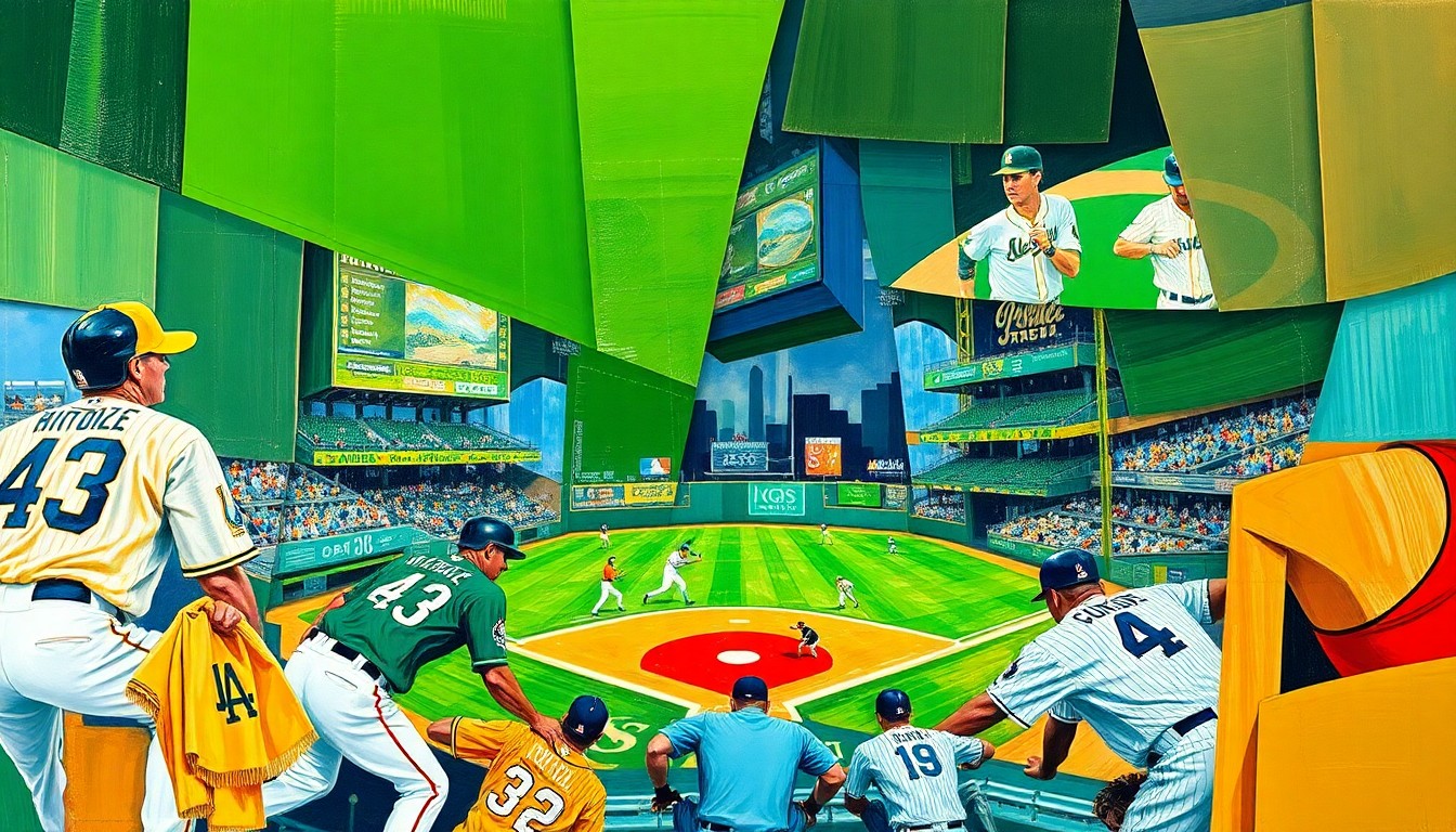 A fragmented, geometric painting depicting a baseball game, with sharp planes of green, gold, blue, and white intersecting to create a dynamic, abstract composition.
