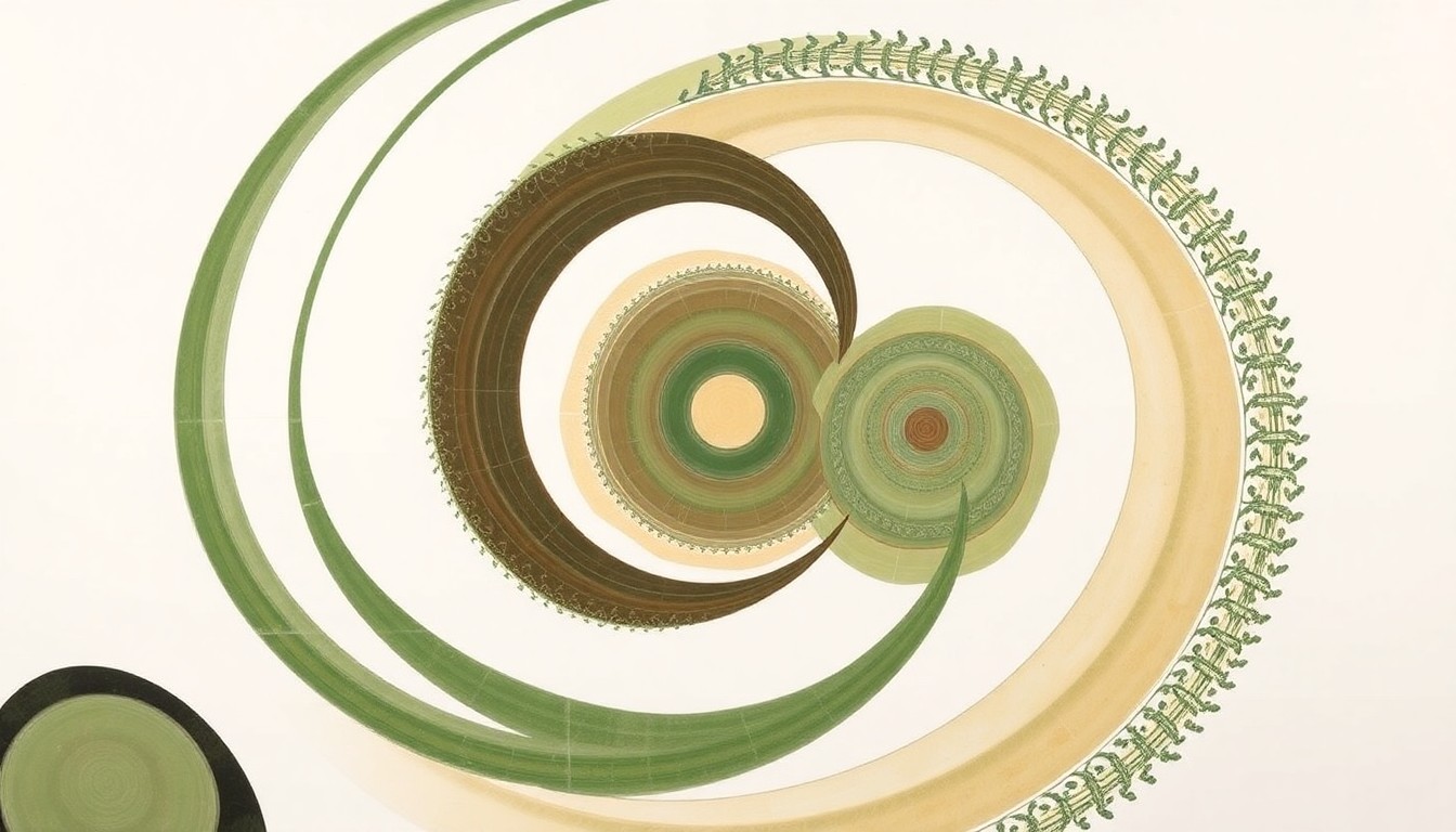 A highly textured, abstract painting in soft, earthy tones of green, brown, and ochre, featuring sweeping geometric arcs, concentric circular patterns, and precise botanical spirals. The composition resembles a complex scientific diagram, conveying the structural order and natural cycles of sustainable agriculture through visual abstraction.