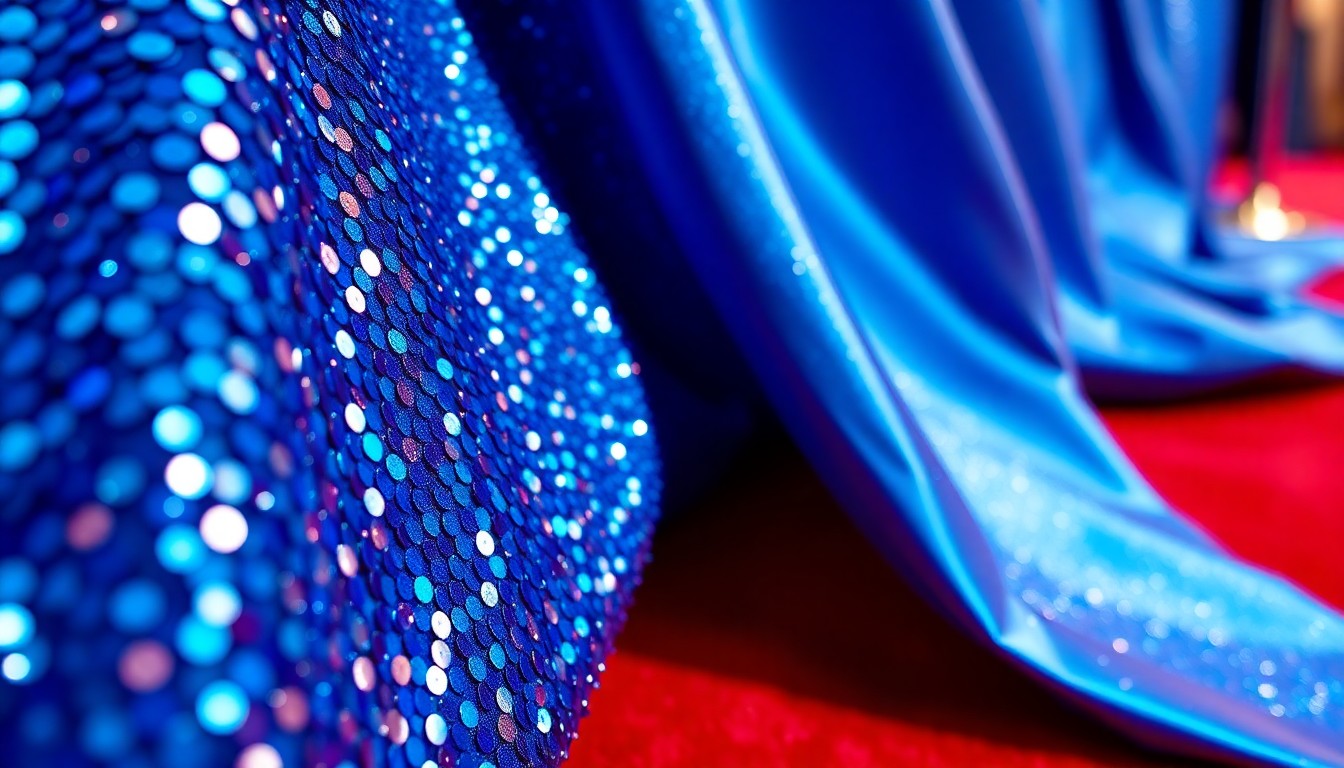 An abstract close-up photograph of shimmering blue sequins and satin fabric, capturing the glamour and energy of a red carpet event.