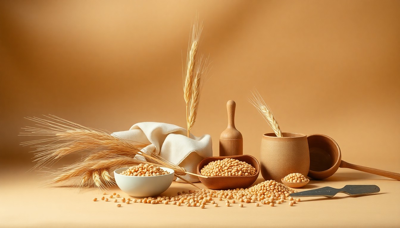 A high-end, photorealistic studio still-life photograph featuring a collection of premium, polished wheat stalks, wheat kernels, and farming tools arranged elegantly on a clean, monochromatic seamless background, conveying the abstract concepts of water scarcity, precision farming, and sustainable agriculture in this dry wheat-growing region.